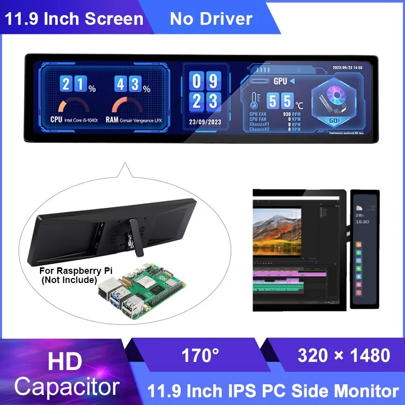 

11,9 дюймовый экран IPS HD дисплей 320*1480 конденсатор LCD Hi-Fi динамик металлическая фотолента компьютер вспомогательный экран для Raspberry Pi
