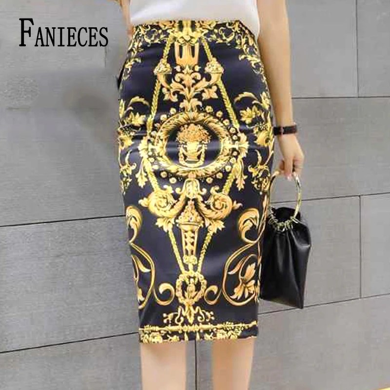 Rok Pensil Midi Ramping Cetak Antik FANIECES Rok Bodycon Wanita Kantor Elegan Pinggang Tinggi Musim Panas Rok Faldas Wanita Ketat