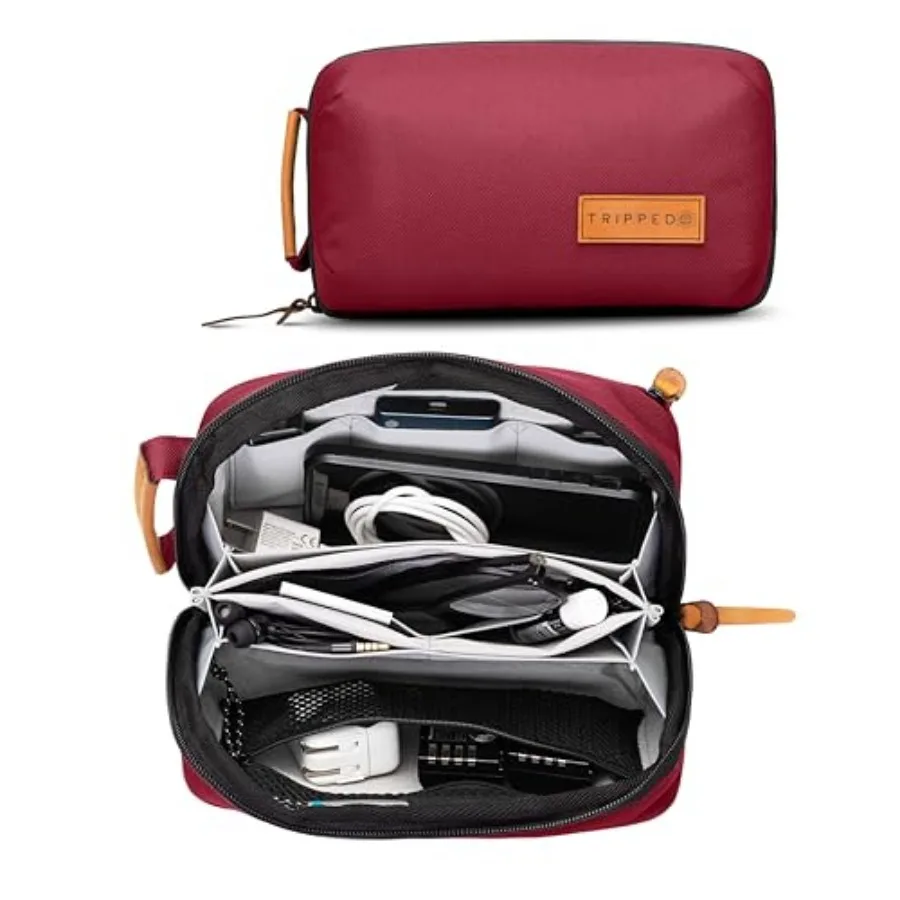 

Органайзер для техники - Маленький чехол-органайзер для электроники для путешествий - Премиальный дорожный чехол с кожаными вставками - Сетчатый карман для