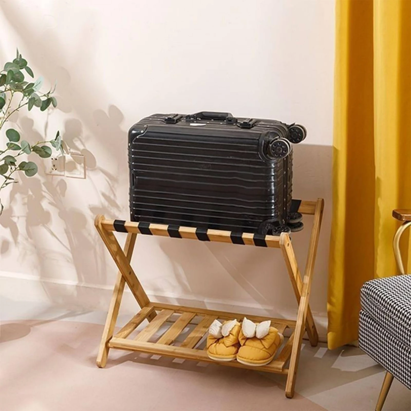 Bamboo Luggage Rack Foldable Luggage Holder with Shelf Suitcase Holder Stand Space Saving Bamboo Suitcase Stand Heavy Duty