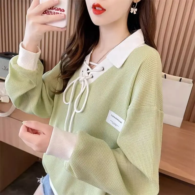 Women's V-Neck Spring Autumn Solid Turn-down Collar Lantern Long Sleeve Bandage Pullover Casual Sports Hoodies Fashion Tops