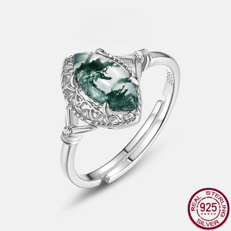 

New S925 sterling silver water grass agate inlaid with green moss stone finger ring, fashionable and unique wedding jewelry