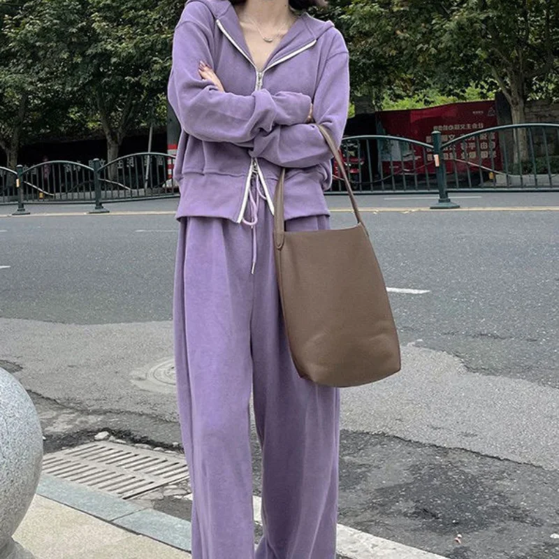 Women\'s Spring Autumn Sporty Style Purple Clothing Set Lady Casual Hooded Sweatshirts Coat Wide Leg Pants Outfits Tops Trousers