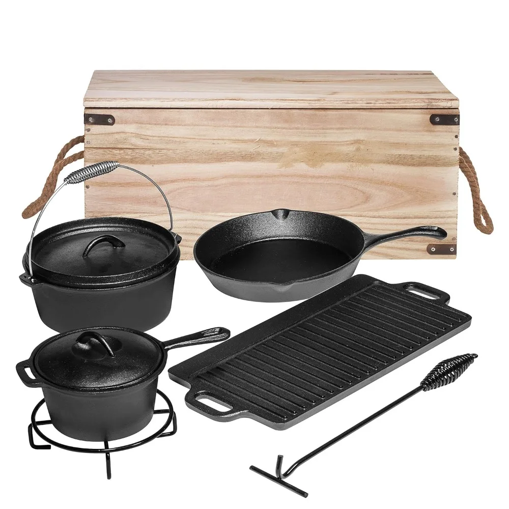 Camping Cooking Set Of 7. Pre Seasoned Cast Iron Pots And Pans Dutch Oven With Lids For Outdoor Comefire. Grill Cookware