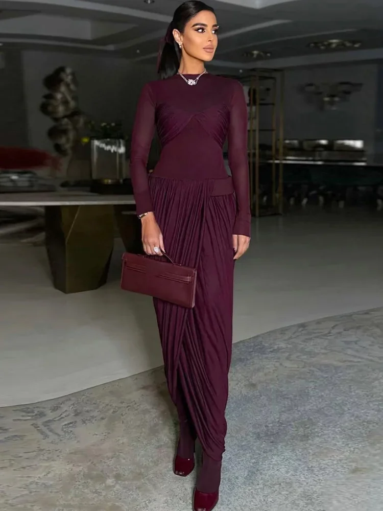 

Pleated Dress Women Elegant Round Neck Full Sleeve Waist Cinching Slim Long 2026 Lady Evening Party Outfit Formal Gown