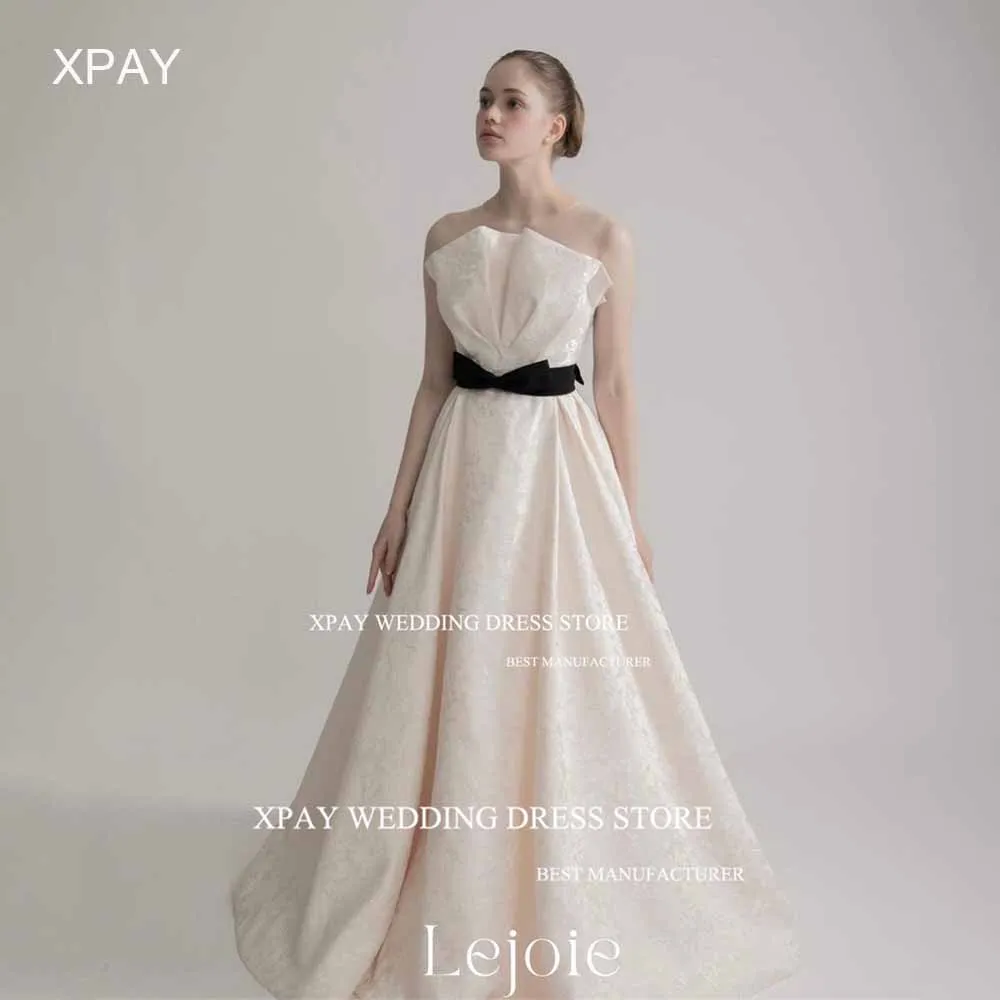 XPAY Simple A Line Satin Wedding Dresses Ruffles Strapless Belt Floor Length Bridal Gowns Country Women Bride Party Dress