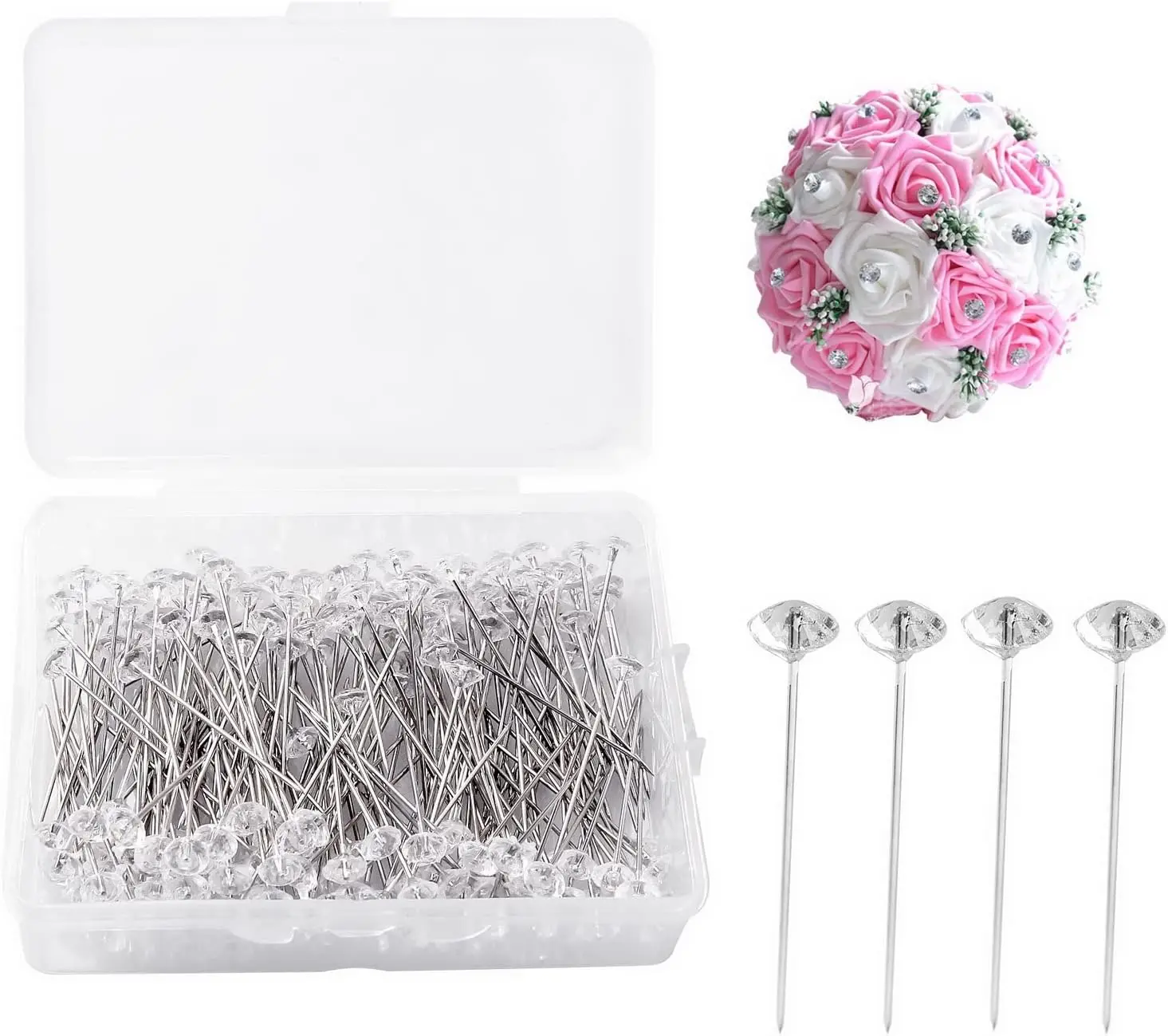 50Pcs/Box Bouquet Corsages Pins Diamond Rhinestones Pins Crystal Diamante Head Clear Pins for Wedding Jewelry Decoration Craft