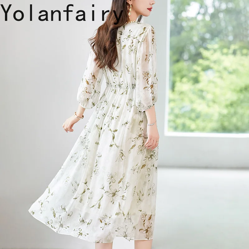 YOLANFAIRY 100% Natural Mulberry Silk Dress Summer 2025 Cinched Waist V-neck Floral Dress Elegant Vacation Dresses Half Sleeve