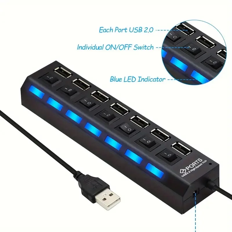 USB HUB USB Adapter Switch Extension 7 Ports Power Splitter USB Independent Power Switch Data Transfer For Laptop Computer HC7