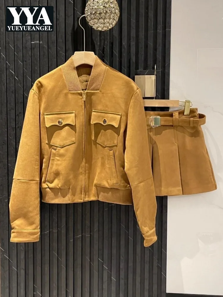 

Autumn Women Stand Collar Long Sleeve Suede Cargo Jacket Pleated Mini Skirt Two Piece Set Lady High Street Fashion Matching Sets