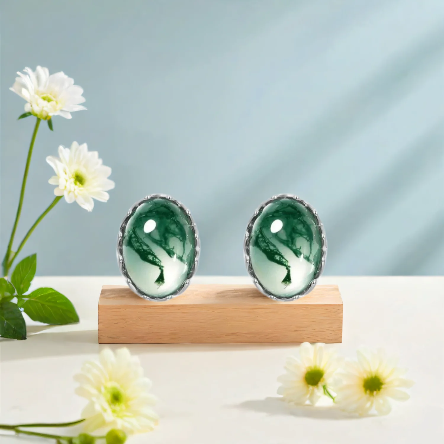

Cabochon Earring Studs Oval Cut Moss Agate Earrings White Gold Plating Push Back Earring Studs for Gift Party