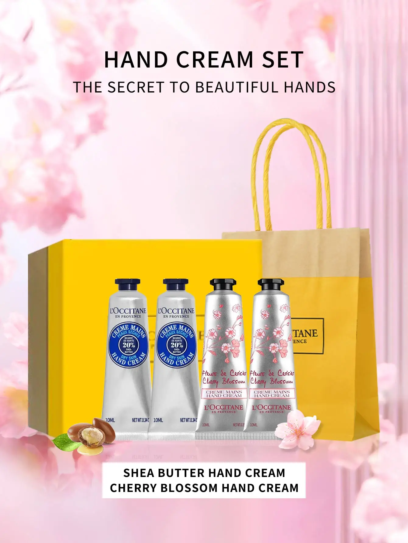 L\'Occitane en Provence Mini Hand Cream  4-Piece Set 10ml*4（Shea Butter, Cherry Blossom Iconic Scents）Moisturizing Hand Creams