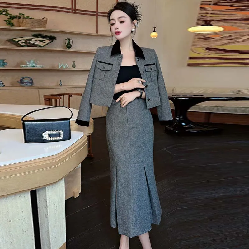 ZJYT Autumn Winter Woolen Jacket Suit with Skirt 2 Piece Matching Set for Women Elegant Long Sleeve Grey Outfit Midi Dress Sets