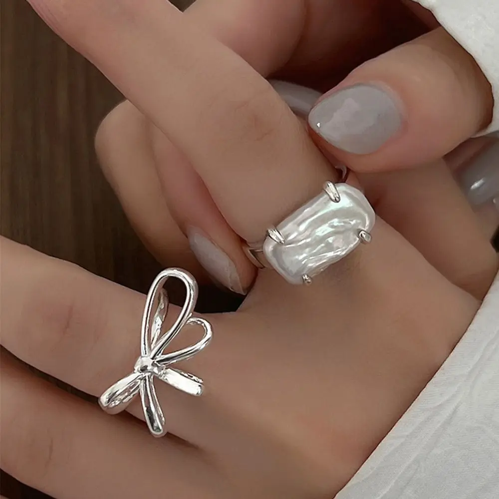 Korean Style Bow Ring Women Couple Vintage Ring Sweet Girl Opening Adjustable Pearl Finger Ring Fashion Jewelry