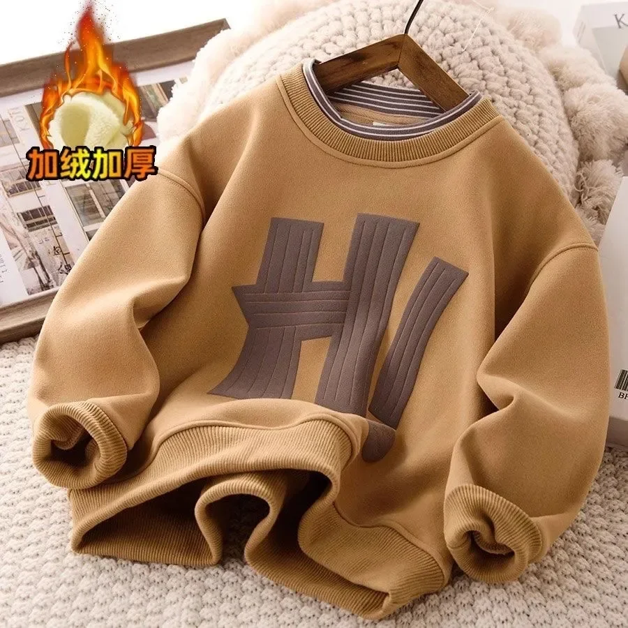 Ragazzi felpa in velluto bambini lettera stampata Pullover adolescenti felpe con cappuccio 2024 autunno inverno da 4 a 14 anni abbigliamento Casual