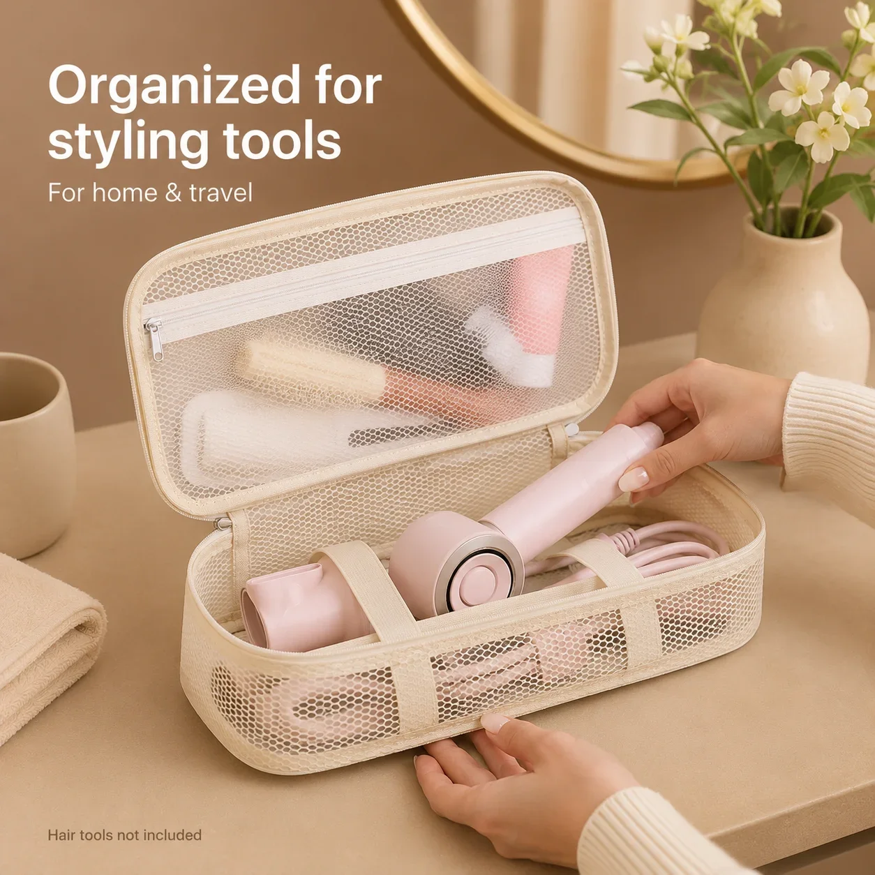 Travel Hair Tool Organizer Mesh Storage Bag Dual Layer Hair Dryer Case for Straightener Curling Iron Toiletry Makeup Cable Items