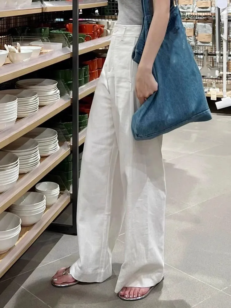 Early Spring Style White Cotton Linen Wide Leg Pants High Waist Drooping Slimming Straight Casual Pants Women's Clothing XJ122