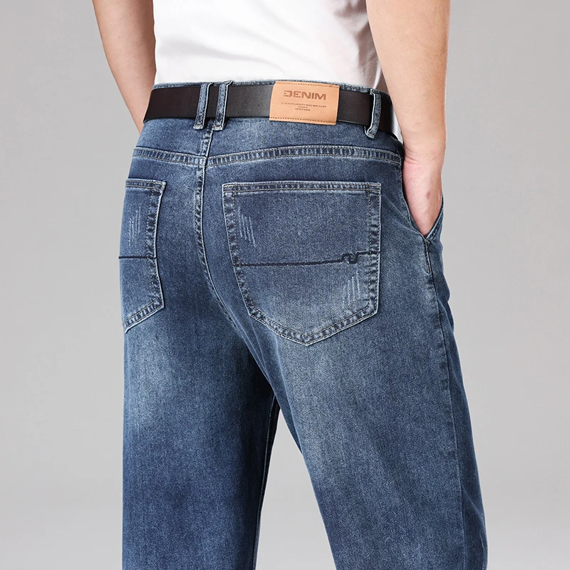 

2025 Summer Youth Men's Casual Loose Straight Leg Jeans Soft Stretch Cotton Lightweight Breathable Business Comfort Office Ready
