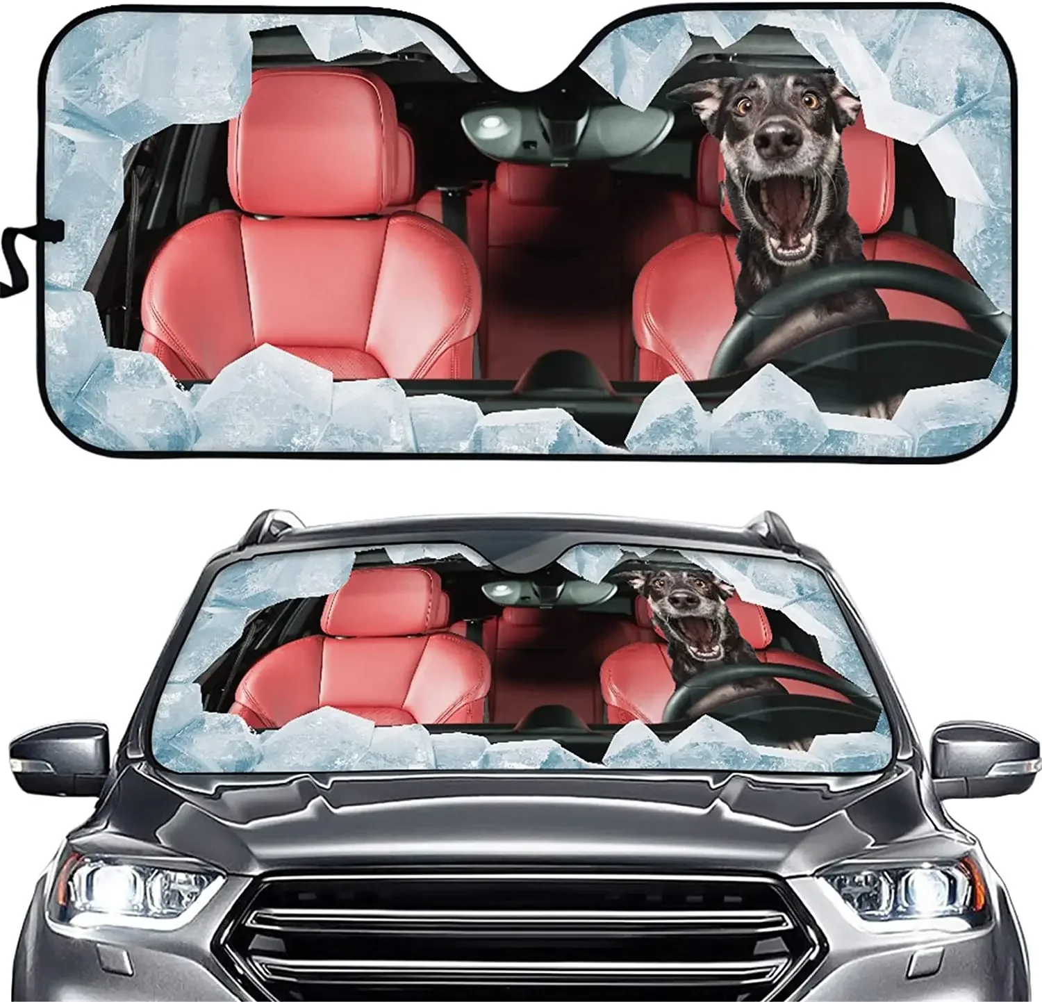 Biyejit Funny Driving Dog Print Car Windshield Sun Shade Universal Fit Car Sunshade - Keep Your Vehicle Cool. UV Sun and Heat Re