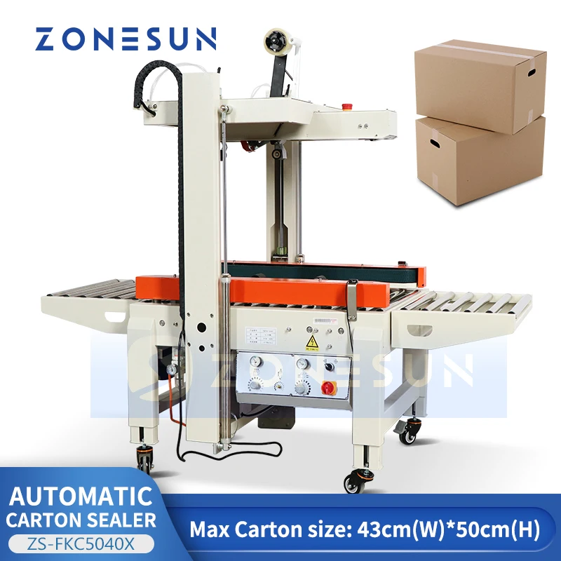 

ZONESUN Automatic Carton Sealer Top and Bottom Taping Express Parcel Sealing Pneumatic Clamping Auto Sensing ZS-FKC5040X