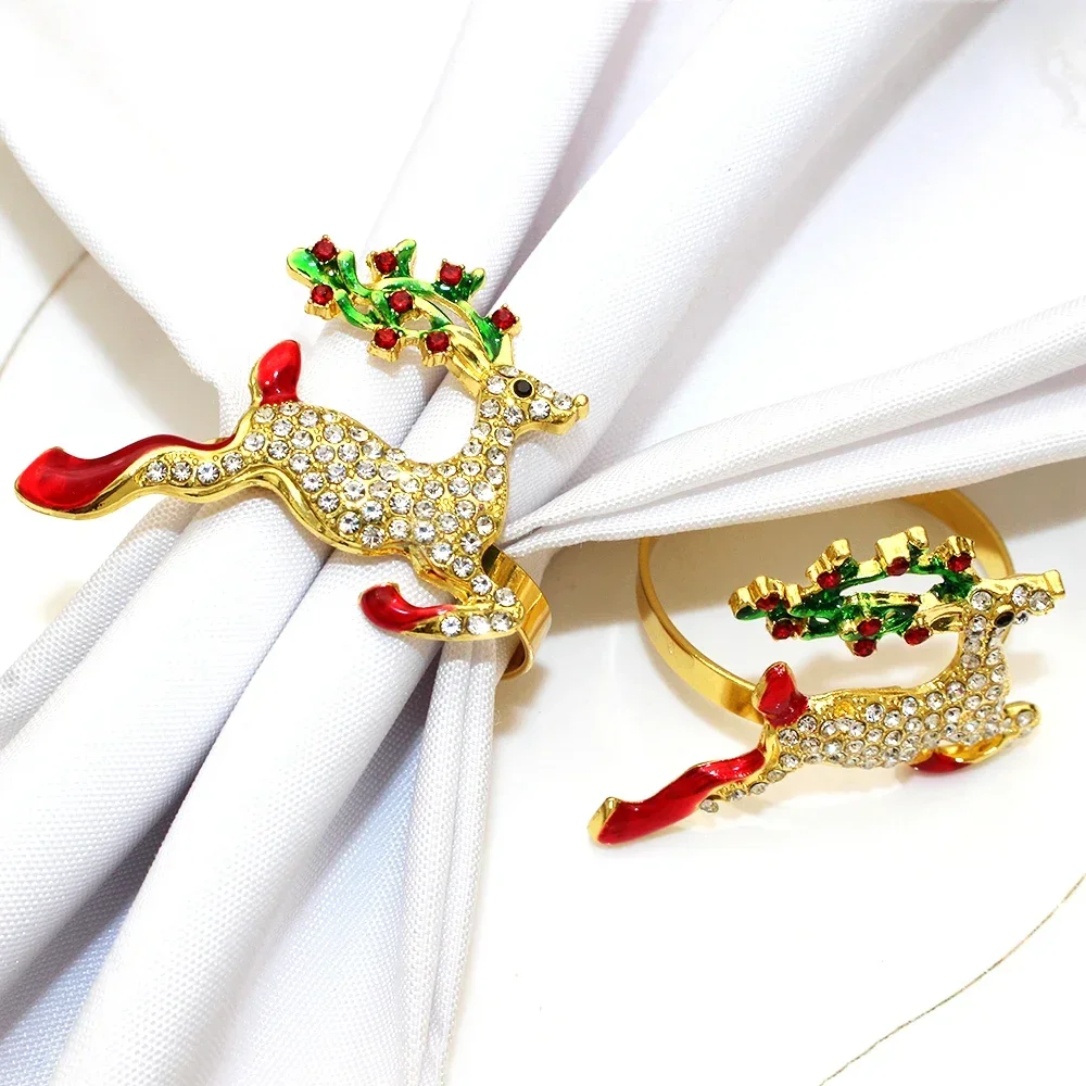 4Pcs/8Pcs Christmas Napkin Ring Rhinestone Deer Candy Cane Red Bow Napkin Rings Holder for Christmas Wedding Party Table Decor