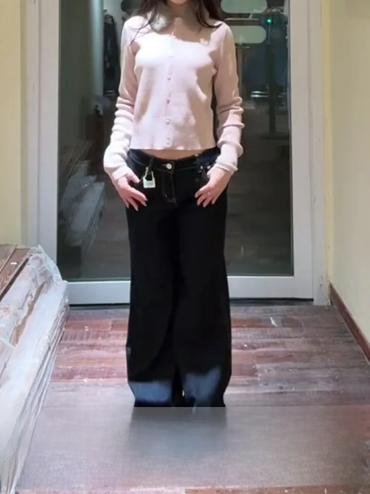 กางเกงยีนส์ทรงตรงขาบานเอวต่ำสีน้ำเงินเข้มสำหรับผู้หญิง ฤดูใบไม้ร่วง ฤดูหนาว 2025 รุ่นใหม่ ระดับไฮเอนด์ ช่วยให้ดูผอมเพรียว