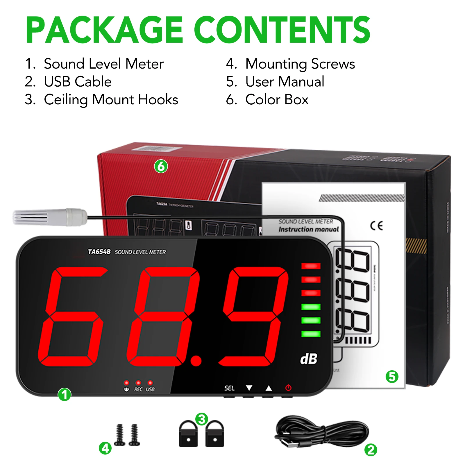 TA654B Sound Level Meter 30-130dB Data Logger USB PC Analysis Large LED Display Wall Mount Noise Monitor with External 5m Sensor