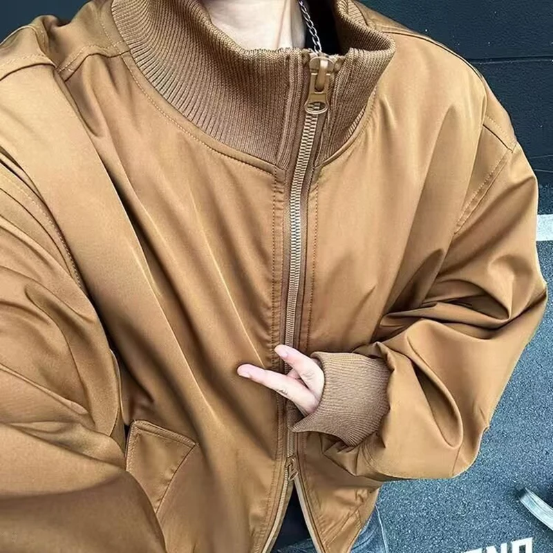 

Spring Men's Pilot Jacket American Style Zip Up Stand Collar Thick Flight Bomber Jacket Casual Vintage Pocket Aesthetic Coats