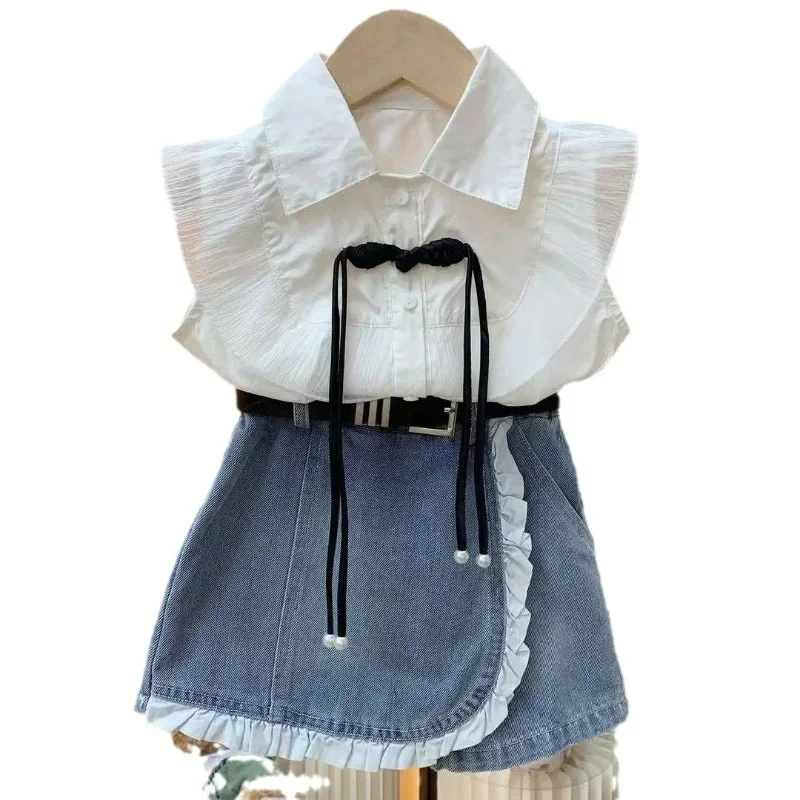 Girl Princess Style Set 2024 Summer New Baby Girl Flying Sleeve Shirt+Cowboy Lace Skirts 2PCSChildren Clothing Sets