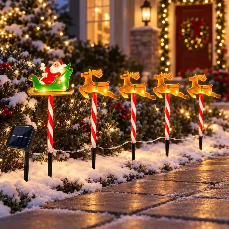 Solar Christmas Santa Pathway Lights,5 Pack Sleigh & Reindeer & Sled Stake Lights for Yard Garden Lawn Christmas Outdoor Decor
