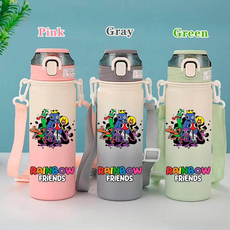 Bottiglia d'acqua in acciaio inossidabile con cartoni animati Rainbow Friends da 600 ml Bottiglia d'acqua portatile a prova di perdite Tazza d'acqua isolata per sport all'aria aperta