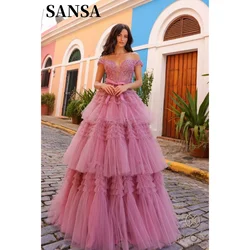 Sansa Pink فساتين السهرة Lace Embroidery Vestidos De Noche Elegant Sleeveless Off the Shoulder Multilayer Prom Dresses 2024