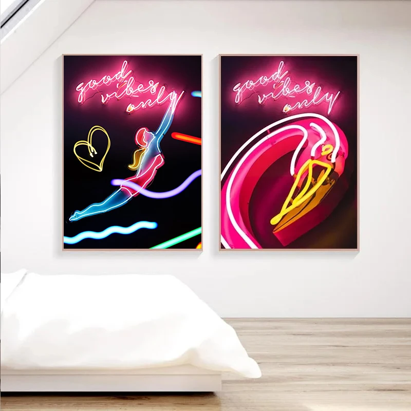 Neon Effect Big City Lights Canvas Painting Nordic Posters and Prints Flamingo Wall Art Pictures Cafe Bar Home Room Decor NO LED
