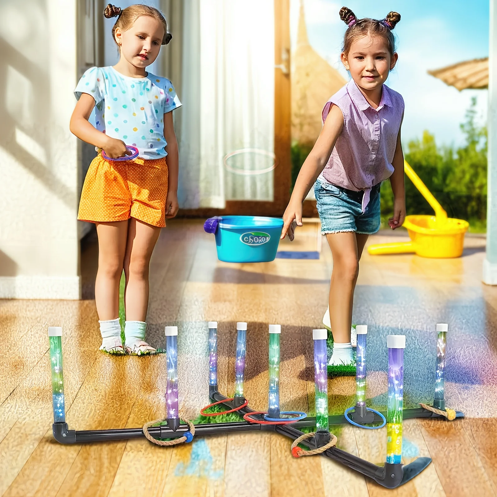 (Best-seller americano) Juego de aro de lanzamiento LED de juguete para niños, interacción entre padres e hijos, torre de apilamiento educativo, interior y exterior