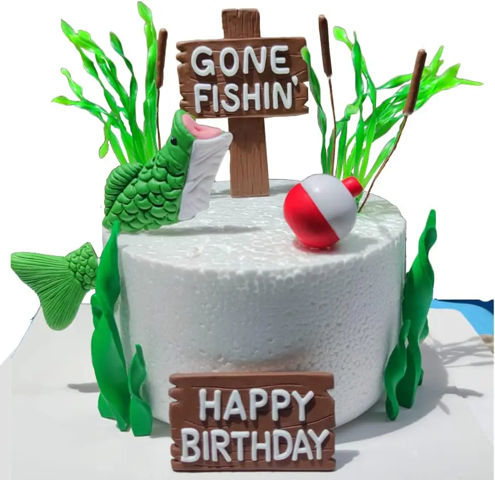 17PCS Angeln Party Kuchen Dekorieren Liefert Fisch Float Algen Schilf Bass Köpfe und Bass Tails mit Alles Gute Zum Geburtstag zeichen – Detail 3