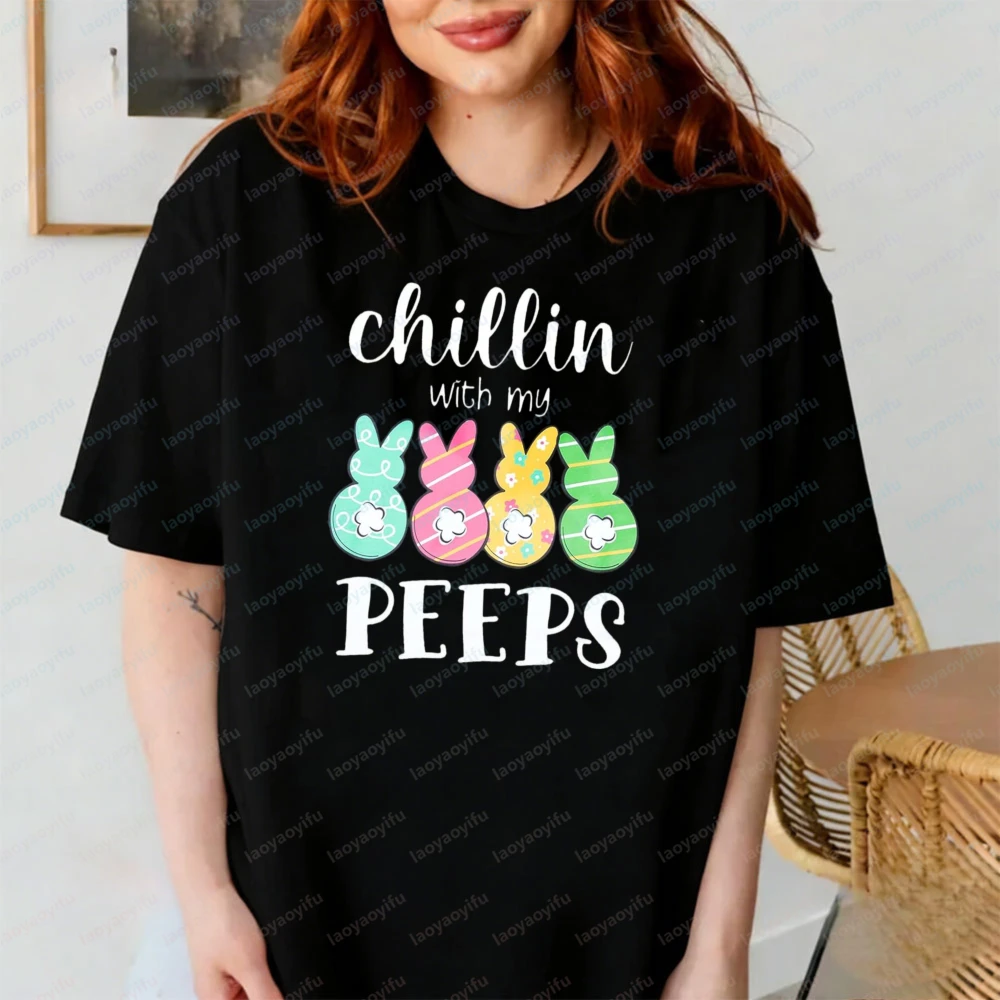 Chillin with My Peeps Easter Bunny T-Shirt, 100% Cotton, Unisex Crewneck, Perfect for Spring Easter Egg Hunts & Family Outfits