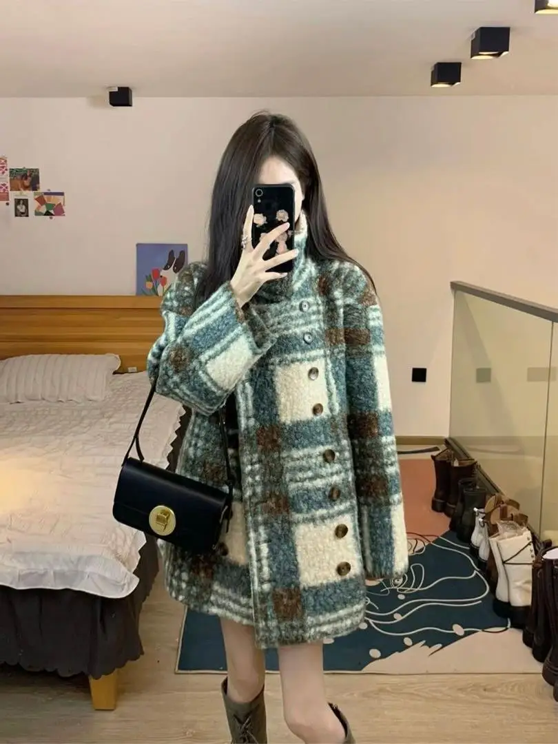 Plaid Woolen Jacket Korean Fashion New Autumn Winter Outwears for Women Double-breasted Split Casual Loose Fitting Female Jacket