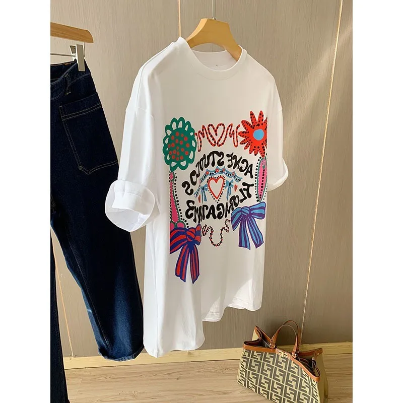 Spring Summer Floral Letter Heart Print round Ne ort Sve T-irt Women's Casual Cotton Top f Sve aphic Tee