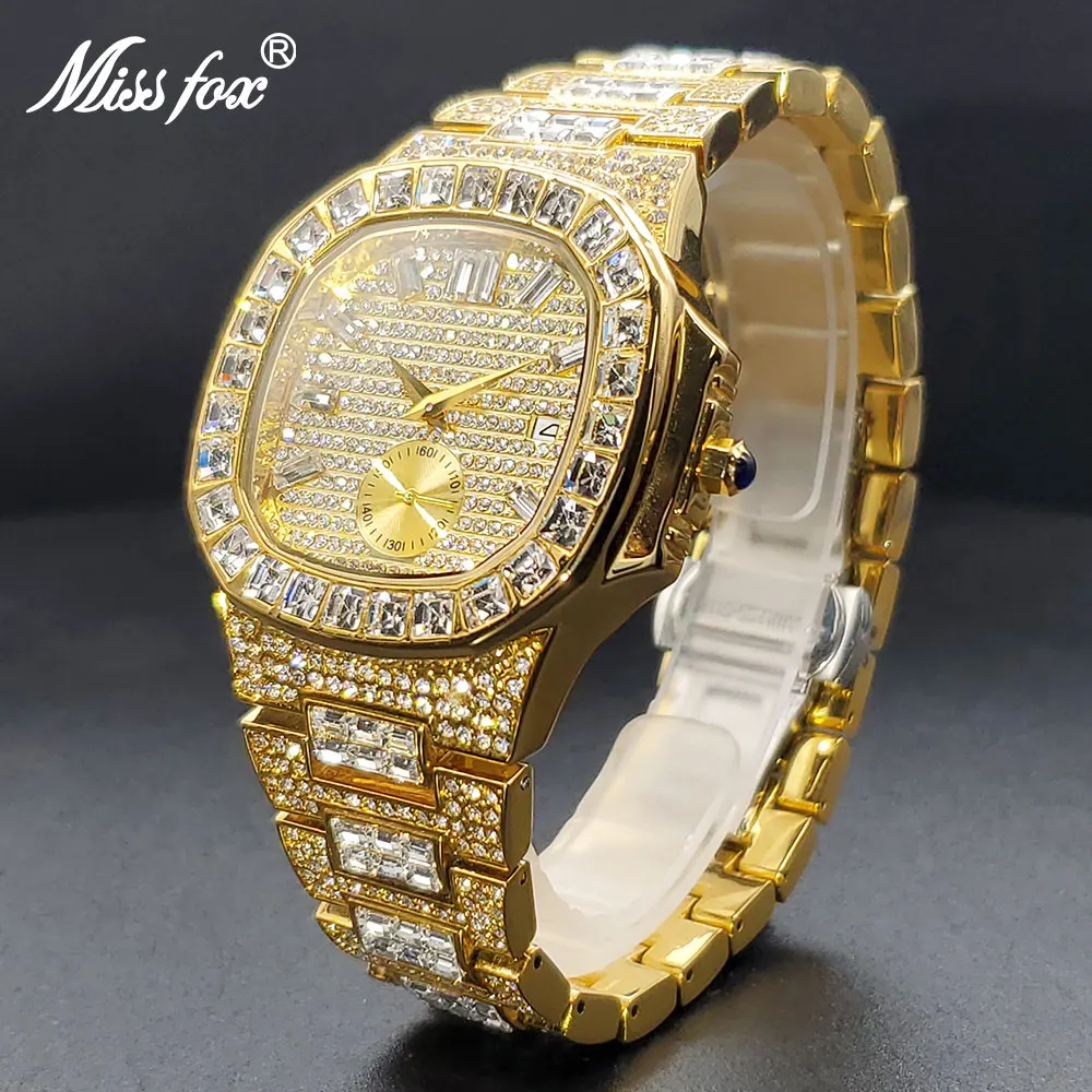 Men's Luxury PLADEN Brand Quare Watch Gold Square Dial With Calendar Diamond Band Male Watches Stylish Hip Hop Clock Wholesale