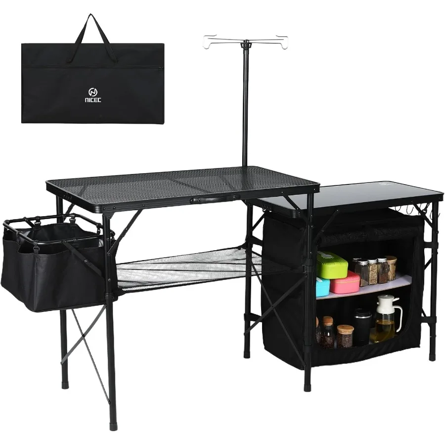 

Портативный складной кухонный столик для кемпинга со встроенными отсеками для хранения легких столбов, боковая сумка и крючки для приключений на открытом воздухе