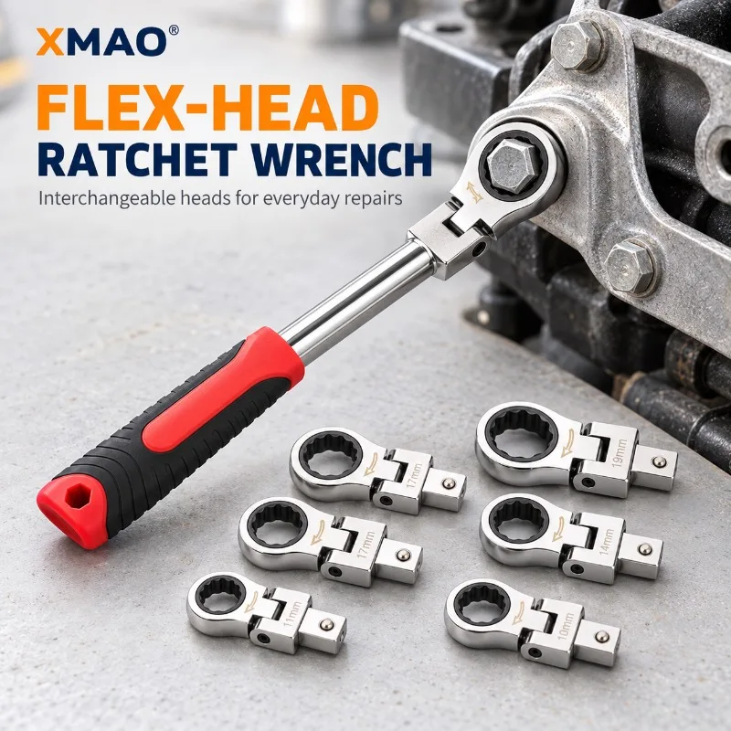 XMAO 8/9 Piece Flex Head Ratchet Wrench Set, 180 Degree Pivoting Interchangeable Box End Heads for Automotive Repair Hand Tools