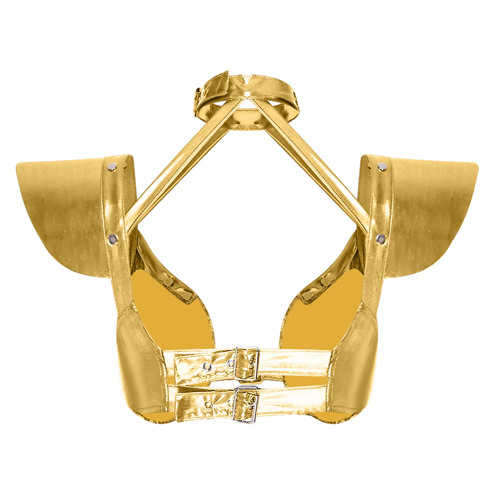 Womens Gothic Metallic Shiny Crop Top Halter Fly Sleeve Studs Detail Adjustable Buckles Corset Bustiers Top Fashion Clubwear