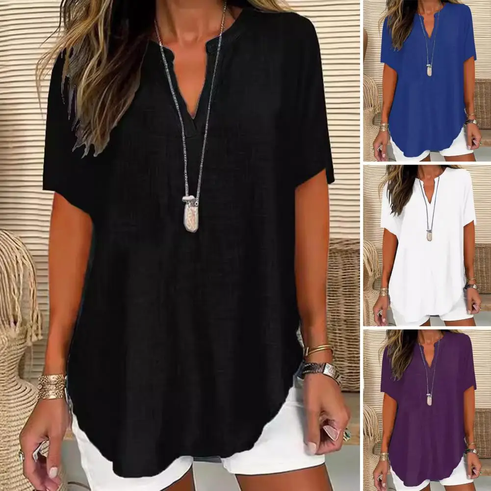 

Women Shirt Women's V-neck Short Sleeve Shirt Loose Fit Tee Solid Color Elastic Top for Wear Comfortable Fashion Blouse
