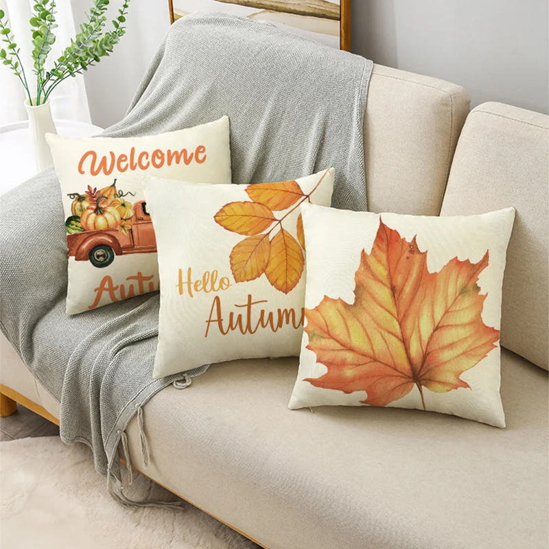 Welcome Autumn Big Orange Pumpkin Branches Leaves Throw Pillowcase Cushion Covers For Sofa Office Bedroom Decor Multiple Size