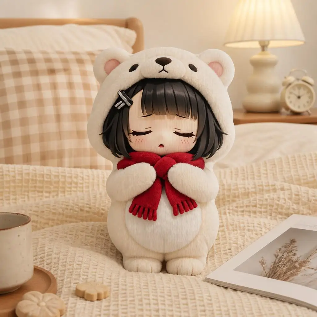 Chibi Girl in Polar Bear Shaped Pillow Cushion Irregular Stuffed Throw Pillows for Sofa Home Decoration Gift