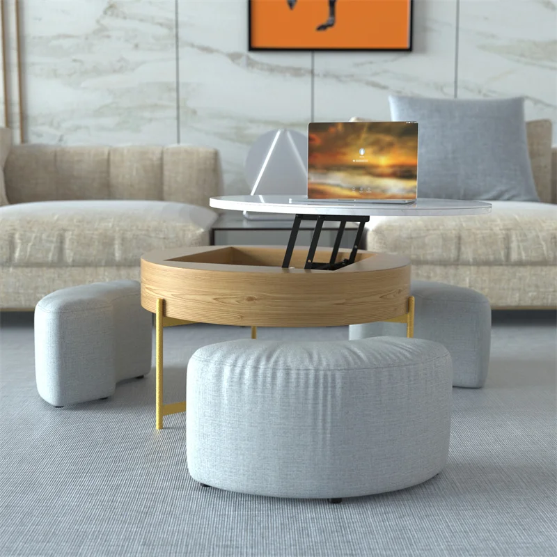 Factory Wholesale Modern Luxury Round Adjustable Can Lift 360 Degrees Rotating Storage Lift up Coffee Table