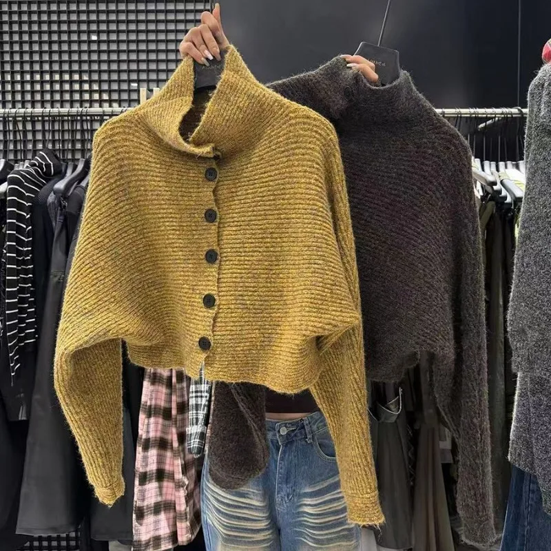 Herfst en winter luie stijl hoge kraag dichtgeknoopt losse paarse korte trui gebreid vest top