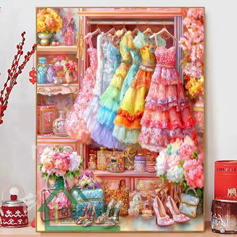 Cartoon Prinzessin Kleiderschrank Thema Diamantmalerei für Schlafzimmerdekoration 5D DIY Vollflächiges Leinwand-Set Handgemachtes Kunst-Kit