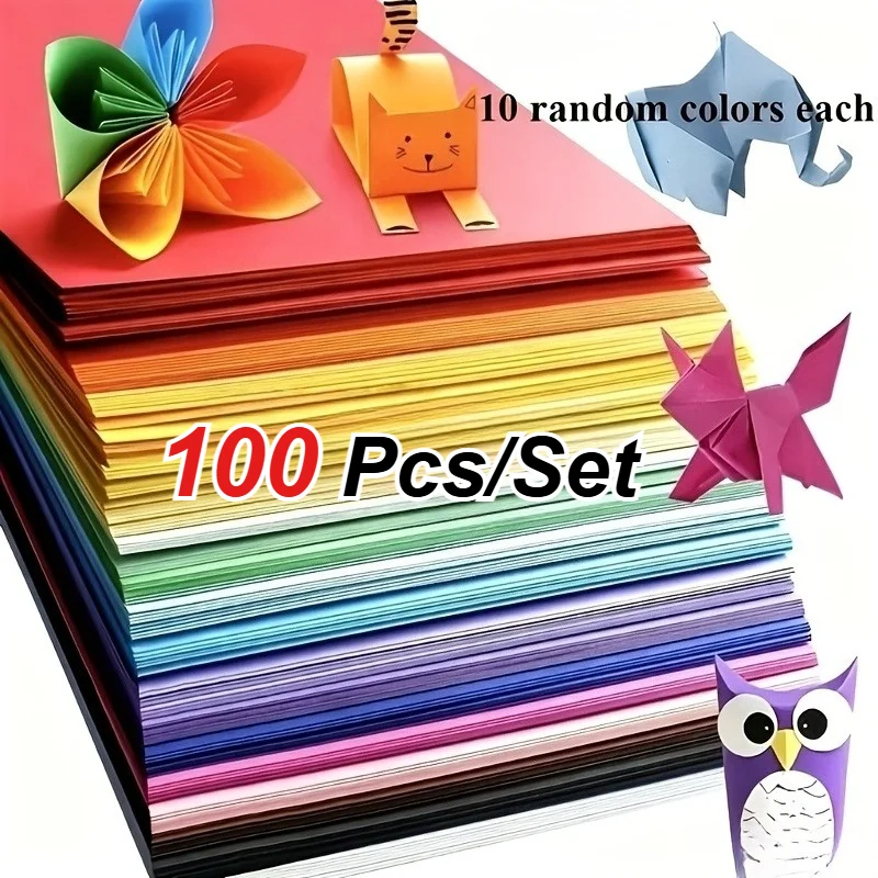 100 Sheets/Set 10 Color Square Thick Cardstock Solid Color Creative DIY Paper, Suitable for Origami, Scrapbook, Party Decoration