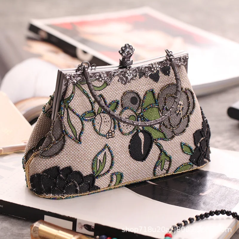 Boutique  Chinese Style Embroidery Floral Women Beaded Evening Purse Bridal Flower Clutch Bag Wedding Party Frame Handbag view 2